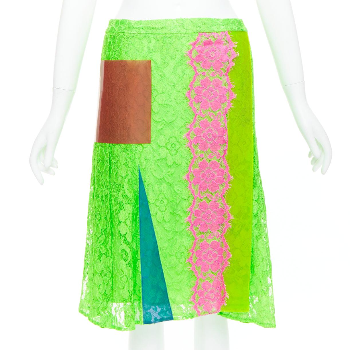 CHRISTOPHER KANE 2016 Runway neon green pink PVC lace skirt set UK8 S For Sale 2