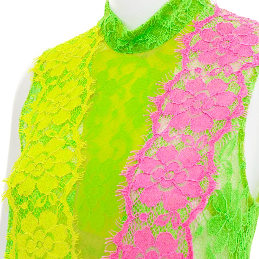 CHRISTOPHER KANE 2016 Runway neon green pink PVC lace skirt set UK8 S For Sale 4