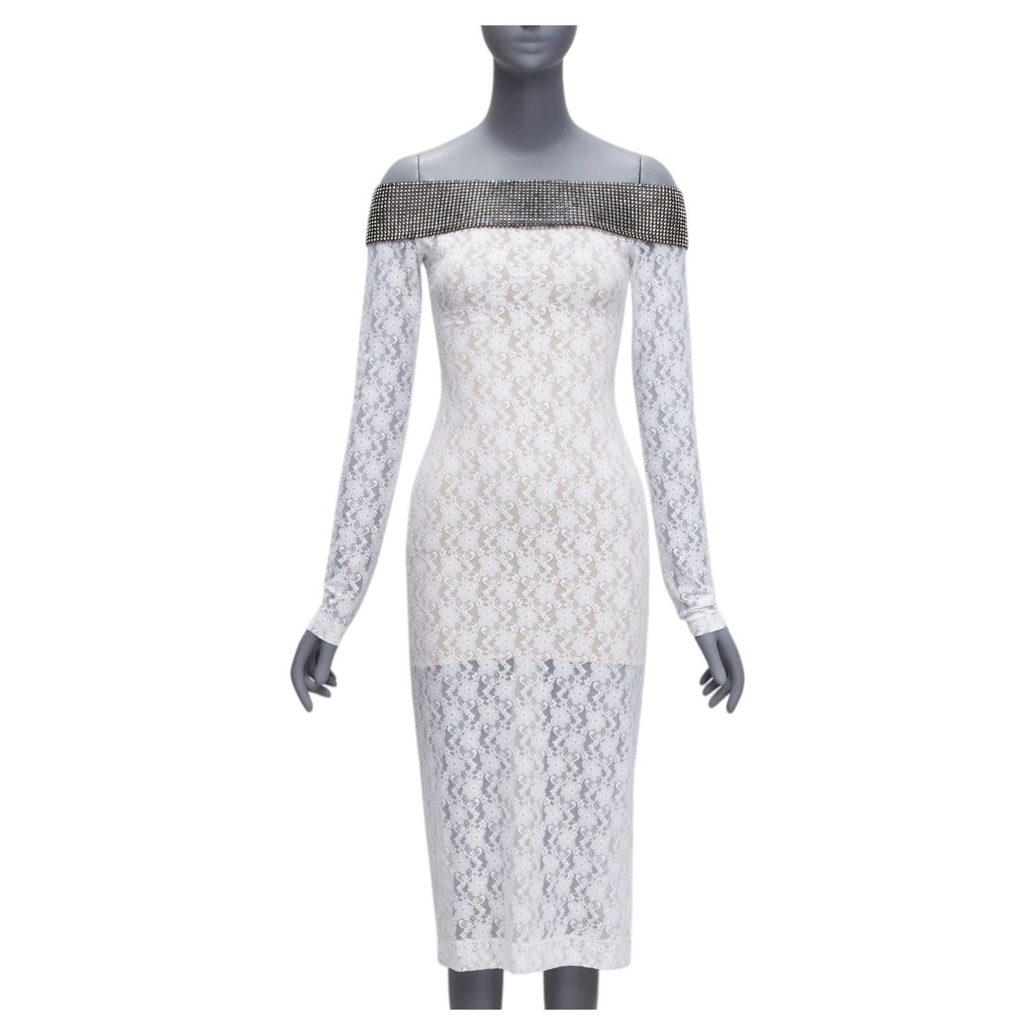 CHRISTOPHER KANE 2019 Runway black crystal off shoulder white lace dress IT38 XS