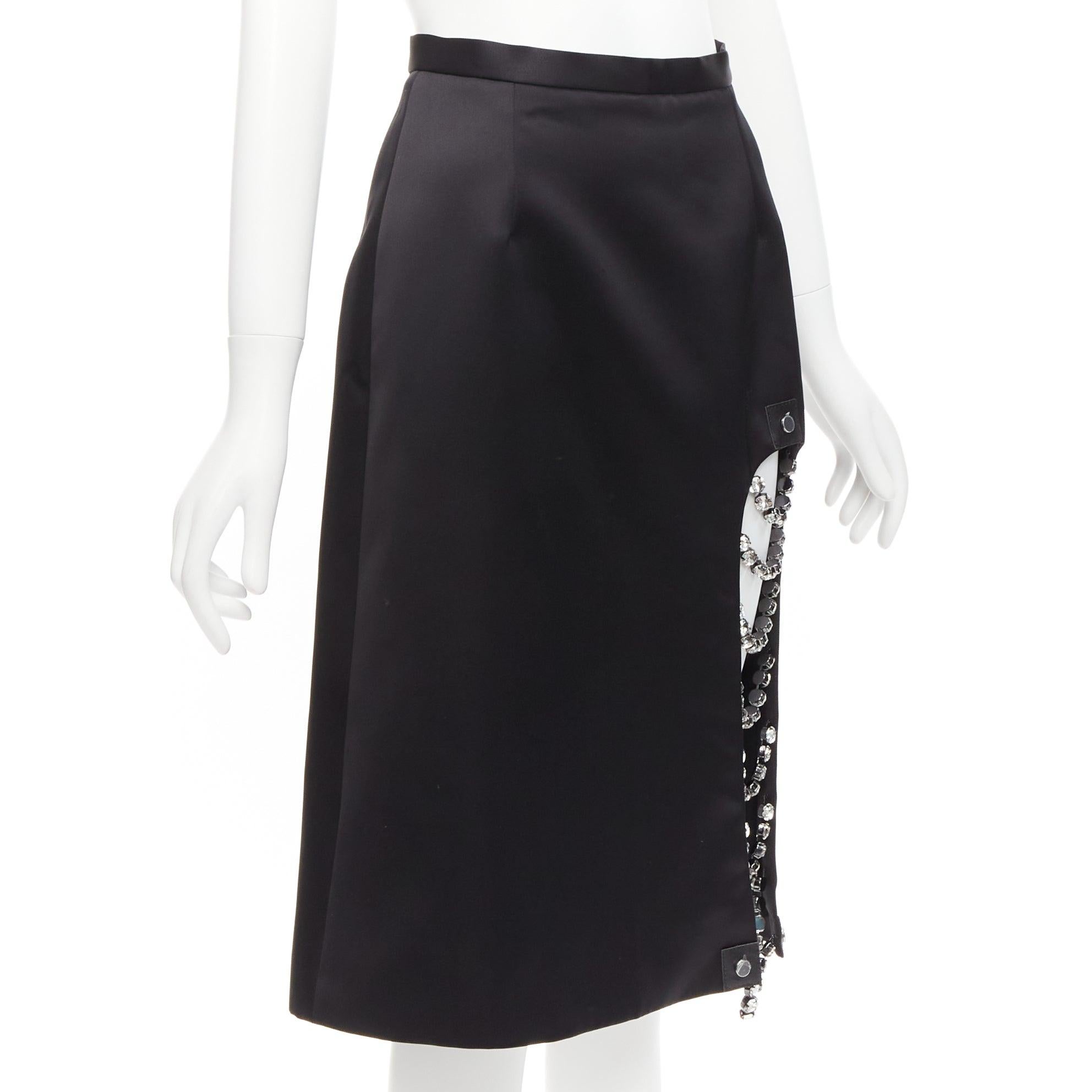 CHRISTOPHER KANE 2019 Runway black satin silver jewel chain slit skirt IT38 XS In Excellent Condition For Sale In Hong Kong, NT
