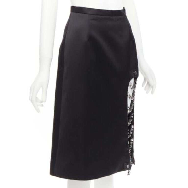 Black CHRISTOPHER KANE 2019 Runway black satin silver jewel chain slit skirt IT38 XS For Sale