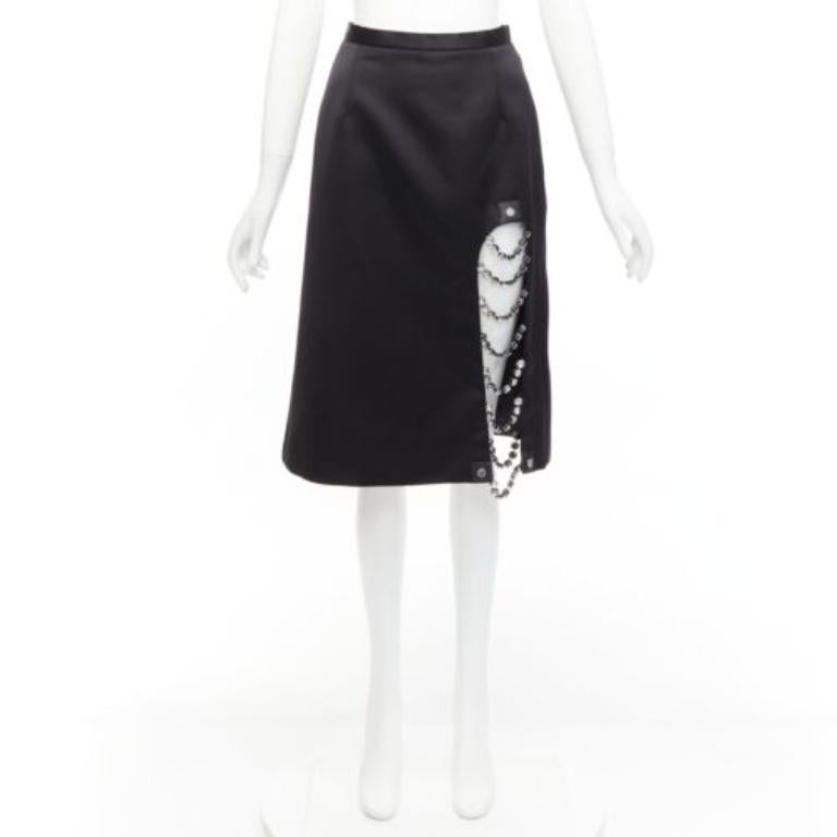 CHRISTOPHER KANE 2019 Runway black satin silver jewel chain slit skirt IT38 XS For Sale 4