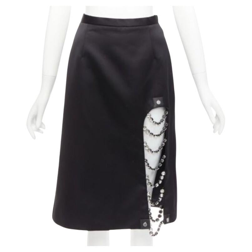 CHRISTOPHER KANE 2019 Runway black satin silver jewel chain slit skirt IT38 XS For Sale