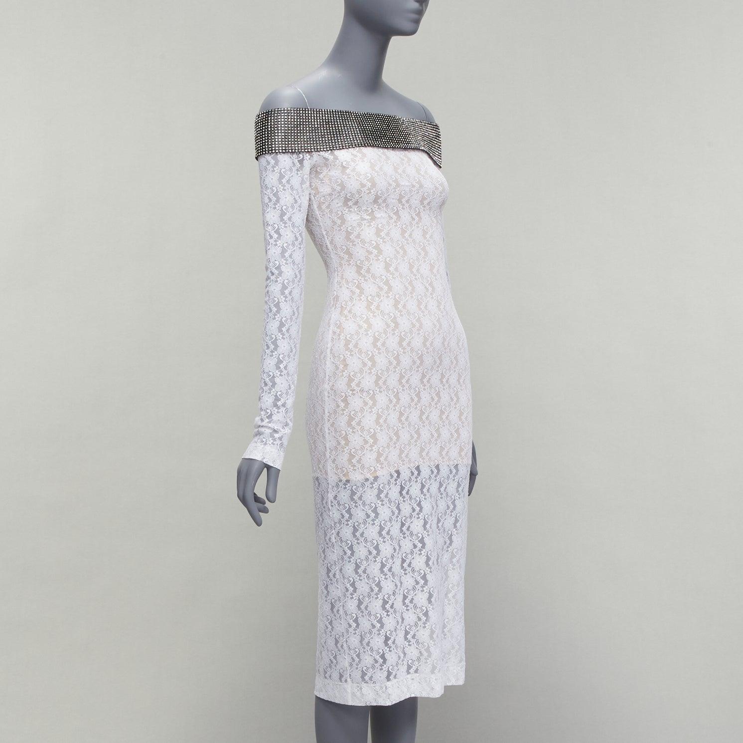 Gray CHRISTOPHER KANE 2019 Runway crystal off shoulder collar sheer lace dress IT38 For Sale