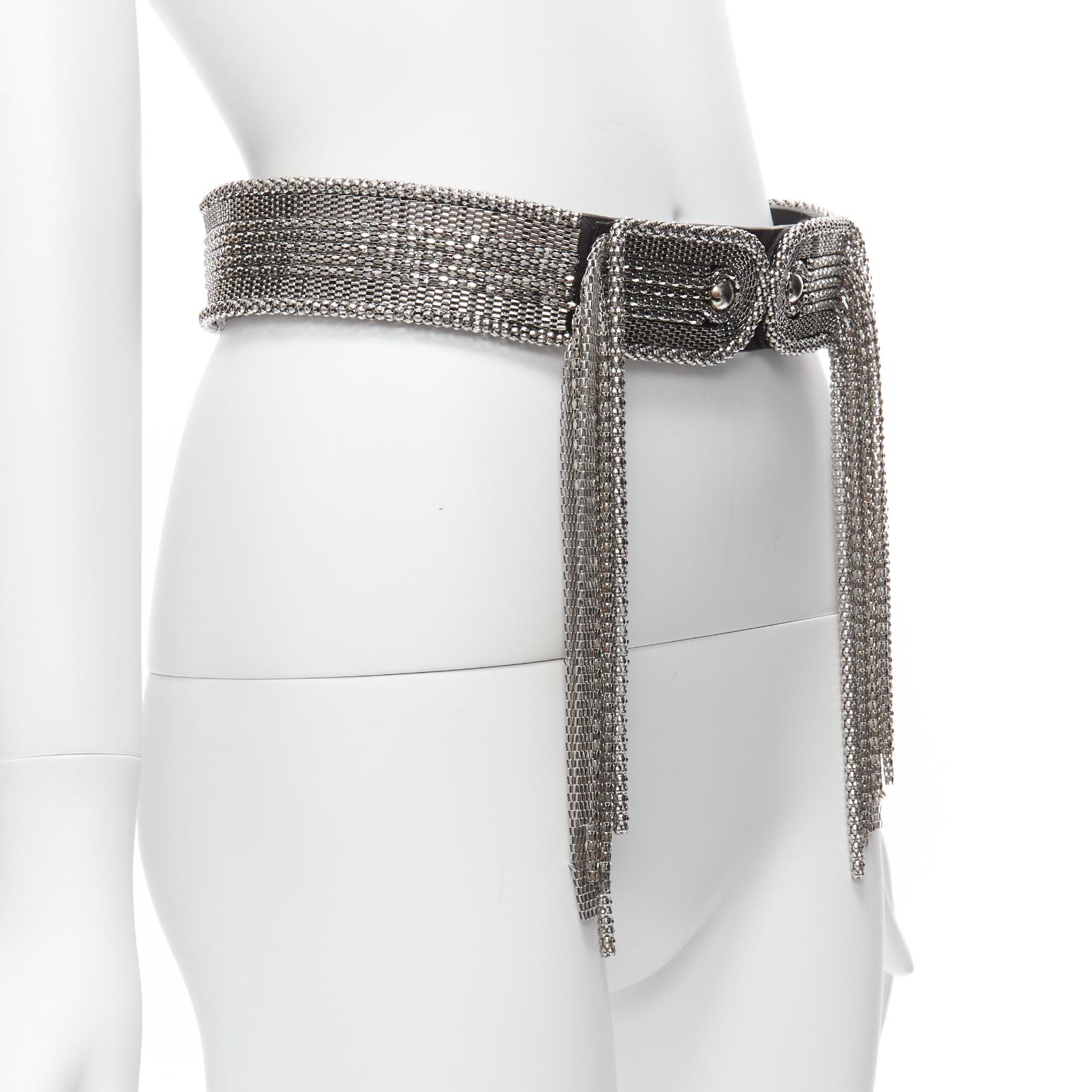 Gray CHRISTOPHER KANE 2023 silver dangling chain black leather statement waist belt S For Sale
