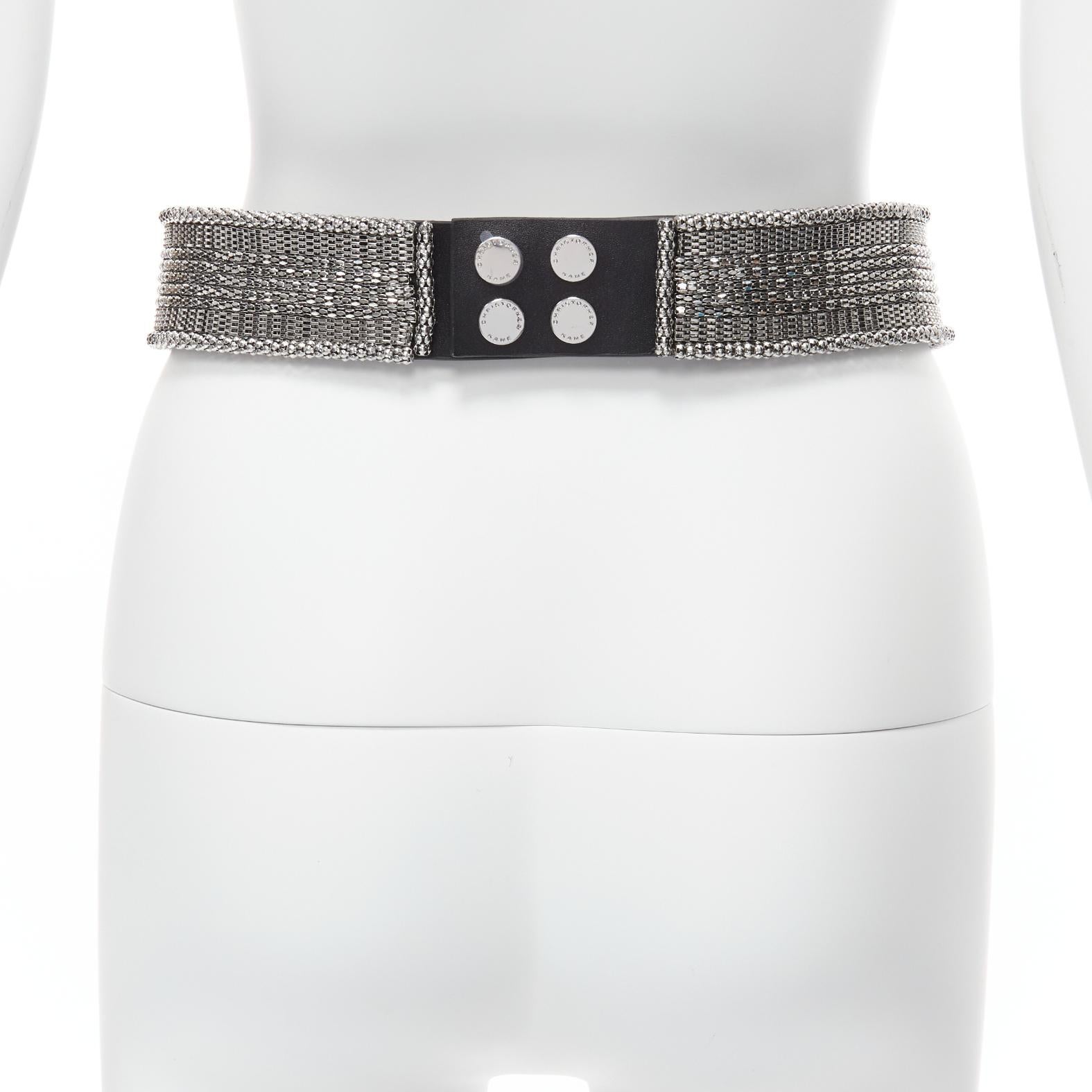 Women's CHRISTOPHER KANE 2023 silver dangling chain black leather statement waist belt S For Sale