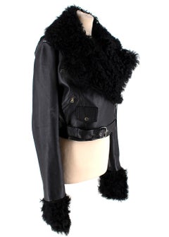 Christopher Kane Black Shearling Trimmed Leather Biker Jacket - Size US 4