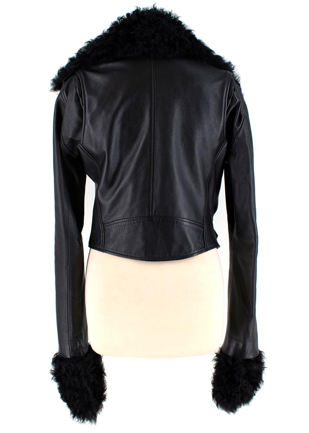 Christopher Kane Black Shearling Trimmed Leather Biker Jacket - Size US 4 In New Condition In London, GB