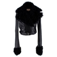 Christopher Kane Black Shearling Trimmed Leather Biker Jacket - Size US 4