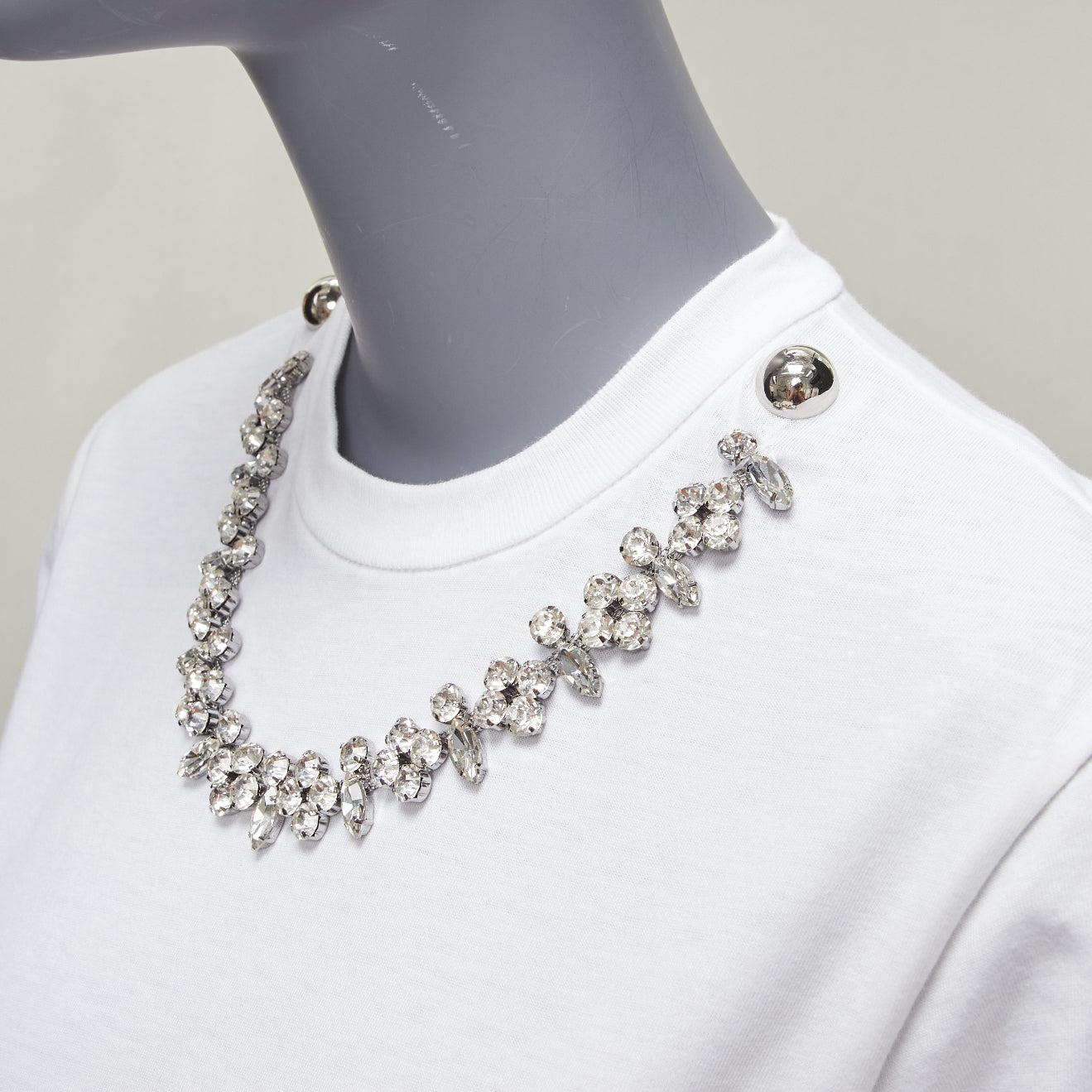 CHRISTOPHER KANE crystal rhinestone dome stud necklace white cotton tshirt XS
Reference: AAWC/A00750
Brand: Christopher Kane
Material: Cotton
Color: White, Silver
Pattern: Solid
Closure: Pullover
Lining:  Unlined
Extra Details: Logo zip back at