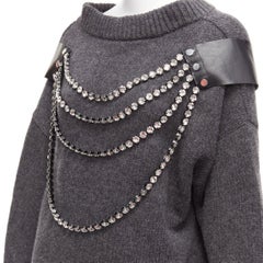 CHRISTOPHER KANE Graues übergroßes Pulloverkleid aus Wolle mit Strassketten und Harness XS