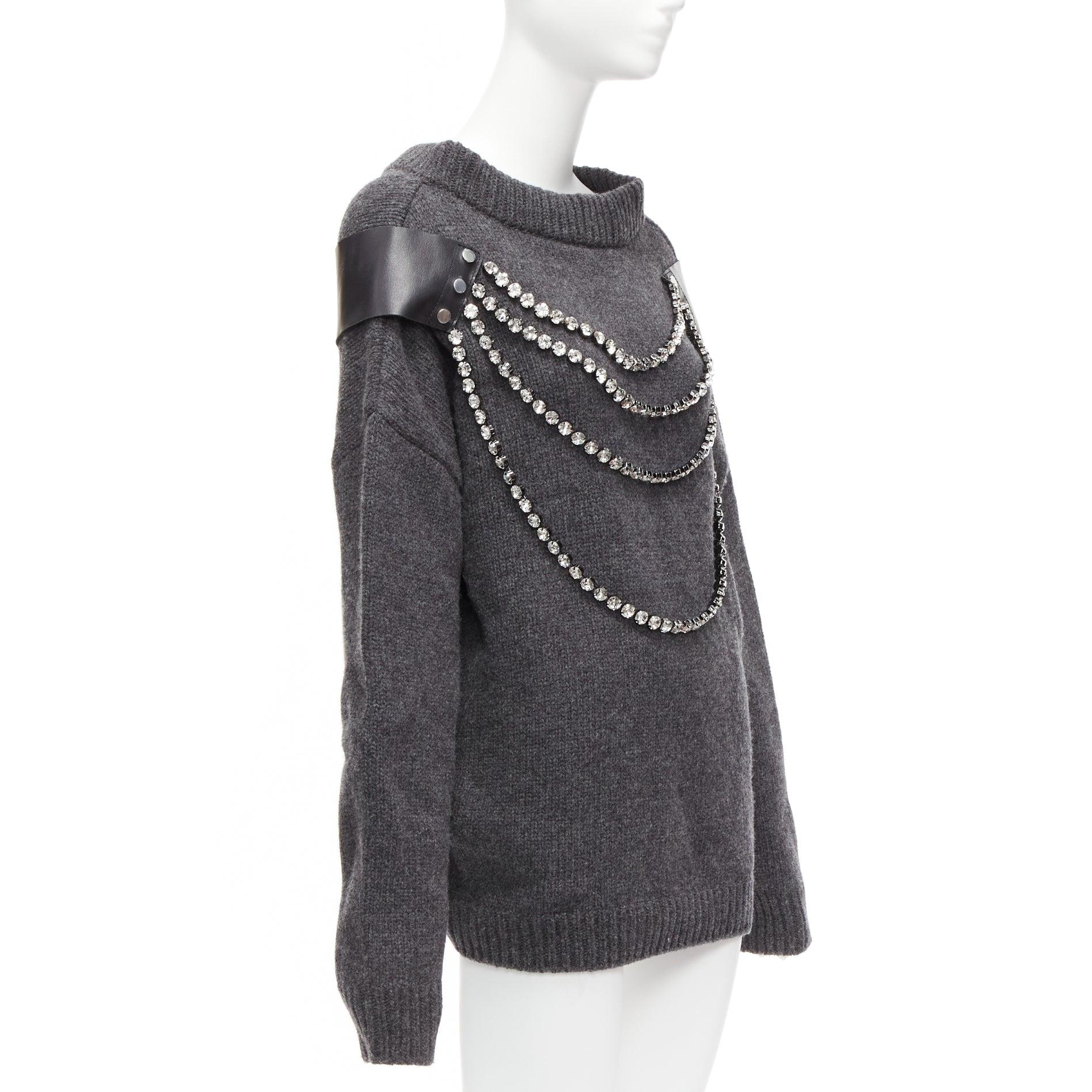 CHRISTOPHER KANE grey wool rhinestone chain harness oversized sweater dress XS In Excellent Condition For Sale In Hong Kong, NT