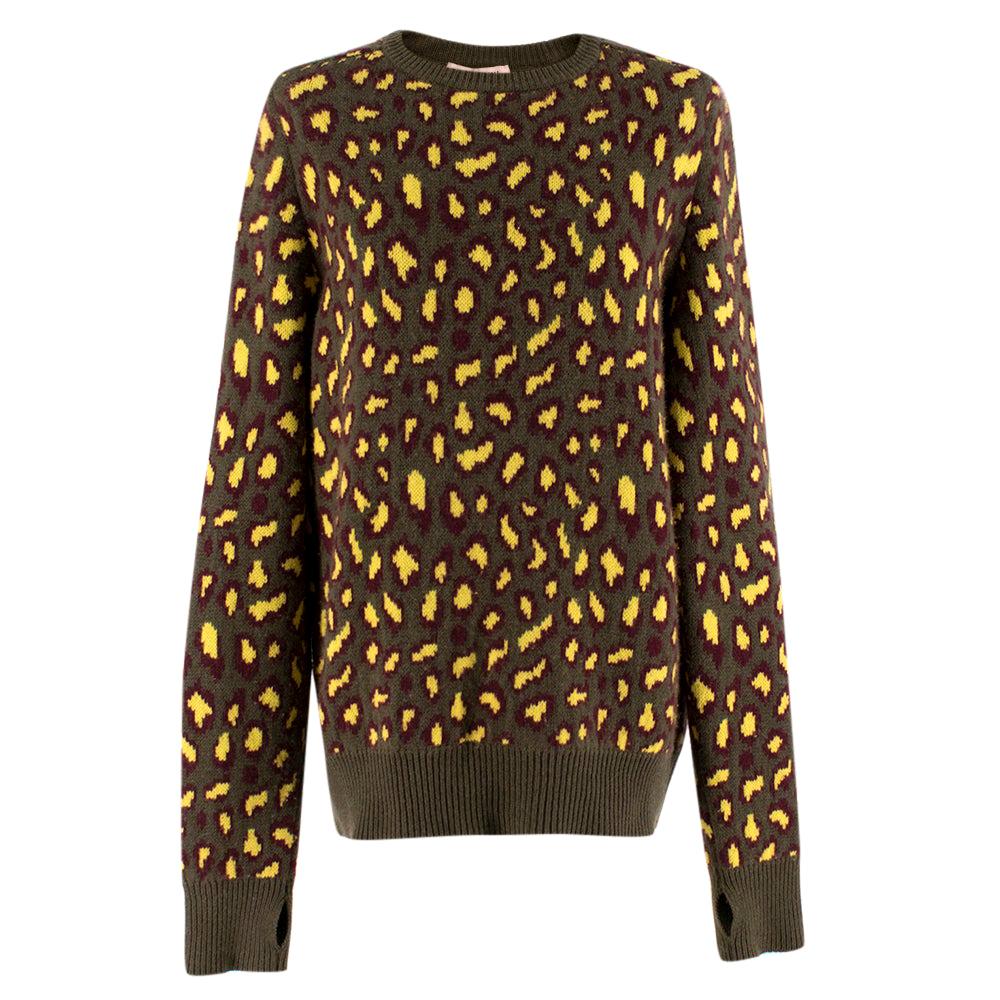 Christopher Kane Khaki & Yellow Leopard Print Cashmere Sweater SIZE S