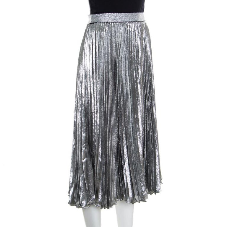 Christopher Kane Metallic Silver Lame Pleated Midi Skirt S For Sale at ...