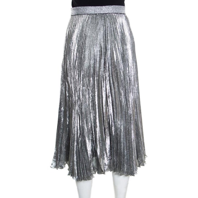 Christopher Kane Metallic Silver Lame Pleated Midi Skirt S For Sale at ...