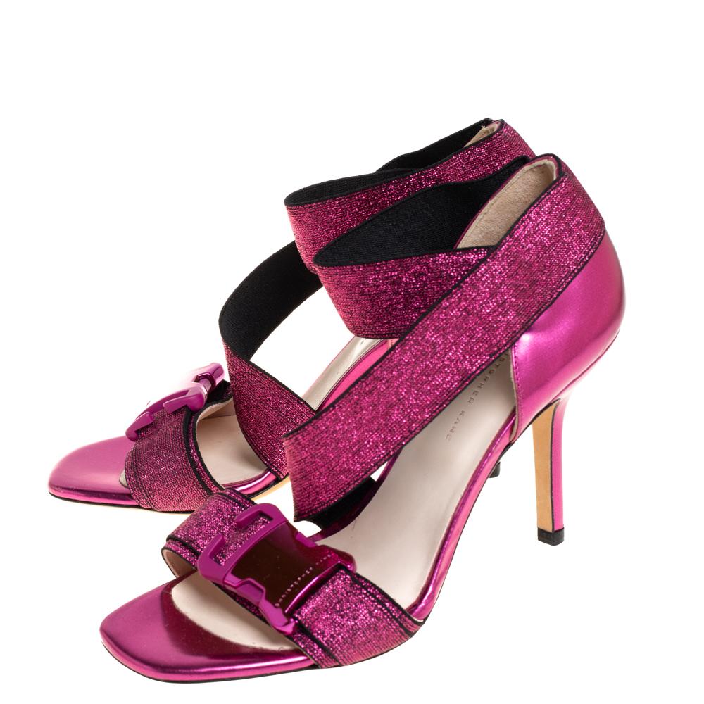Christopher Kane Pink Glitter And Leather Ankle Strap Sandals Size 37 In Good Condition In Dubai, Al Qouz 2