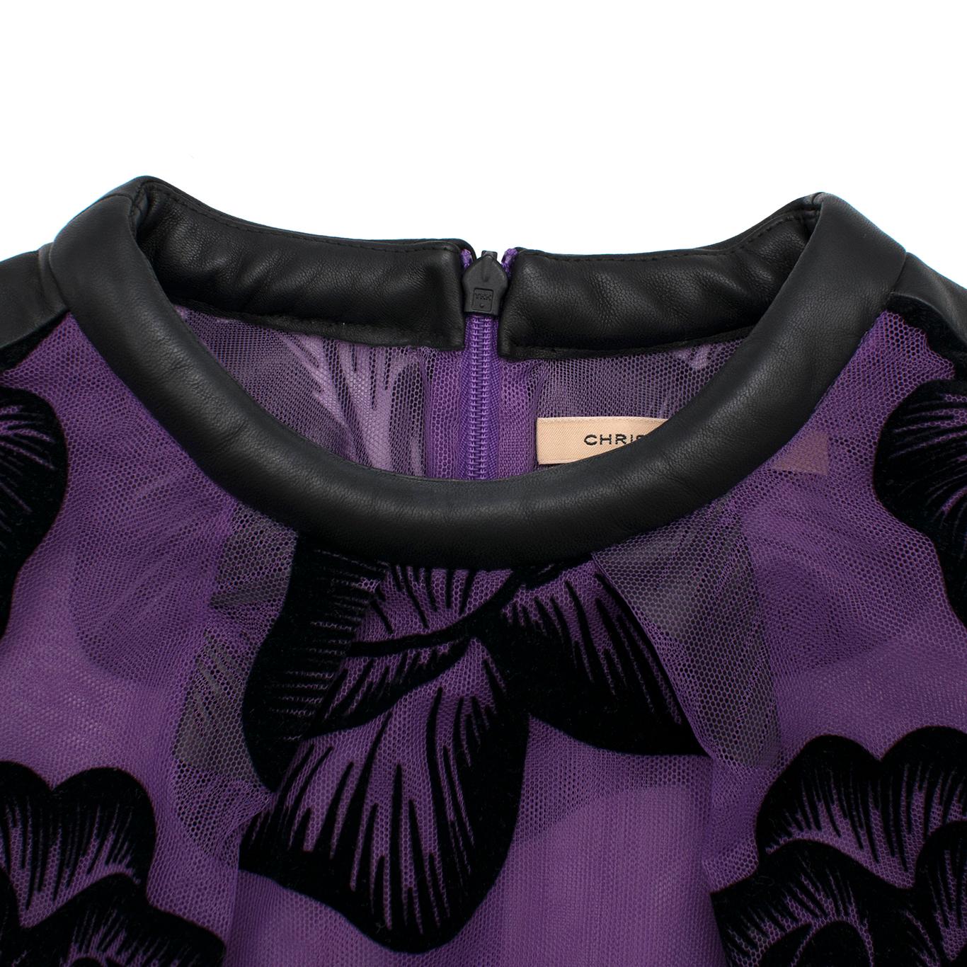 Black Christopher Kane Purple Leather trimmed Flocked Tulle Dress - Size US 4 For Sale