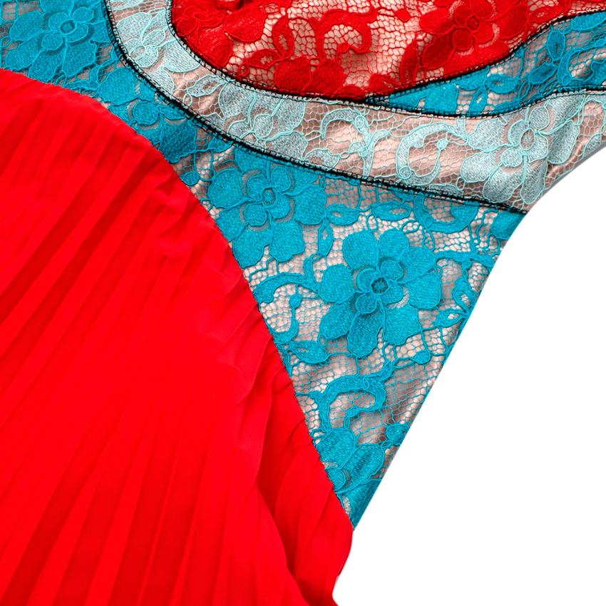 Christopher Kane Red & Blue Lace Paneled Pleated Midi Dress - Size US 10 1