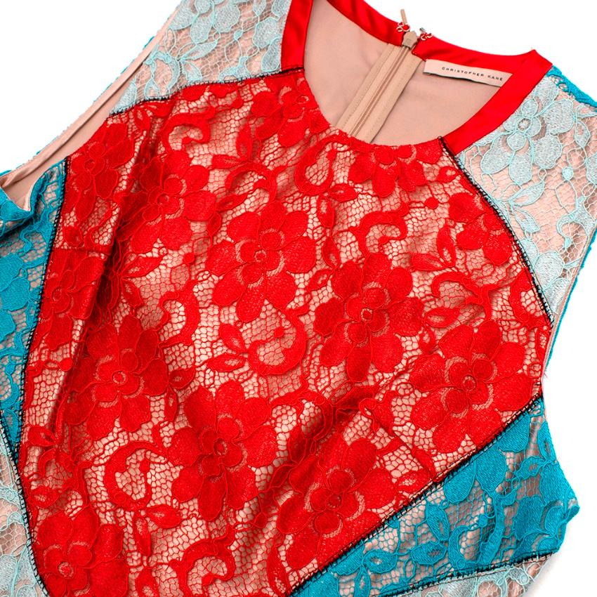Christopher Kane Red & Blue Lace Paneled Pleated Midi Dress - Size US 10 2