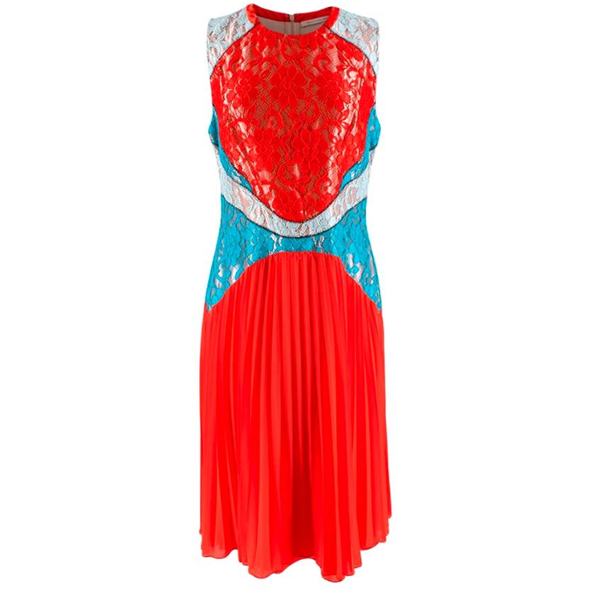 Christopher Kane Red & Blue Lace Paneled Pleated Midi Dress - Size US 10