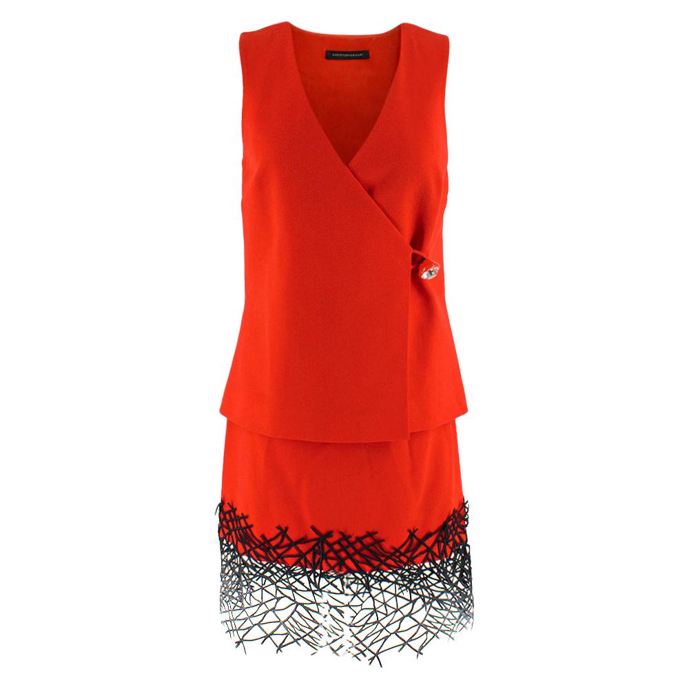 Christopher Kane Red Wool Embellished Wrap Top & Skirt Size US 4 For Sale