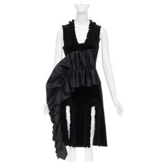 CHRISTOPHER KANE Abito midi con volant e inserti in raso di velluto nero da passerella, taglia UK 10, IT 42