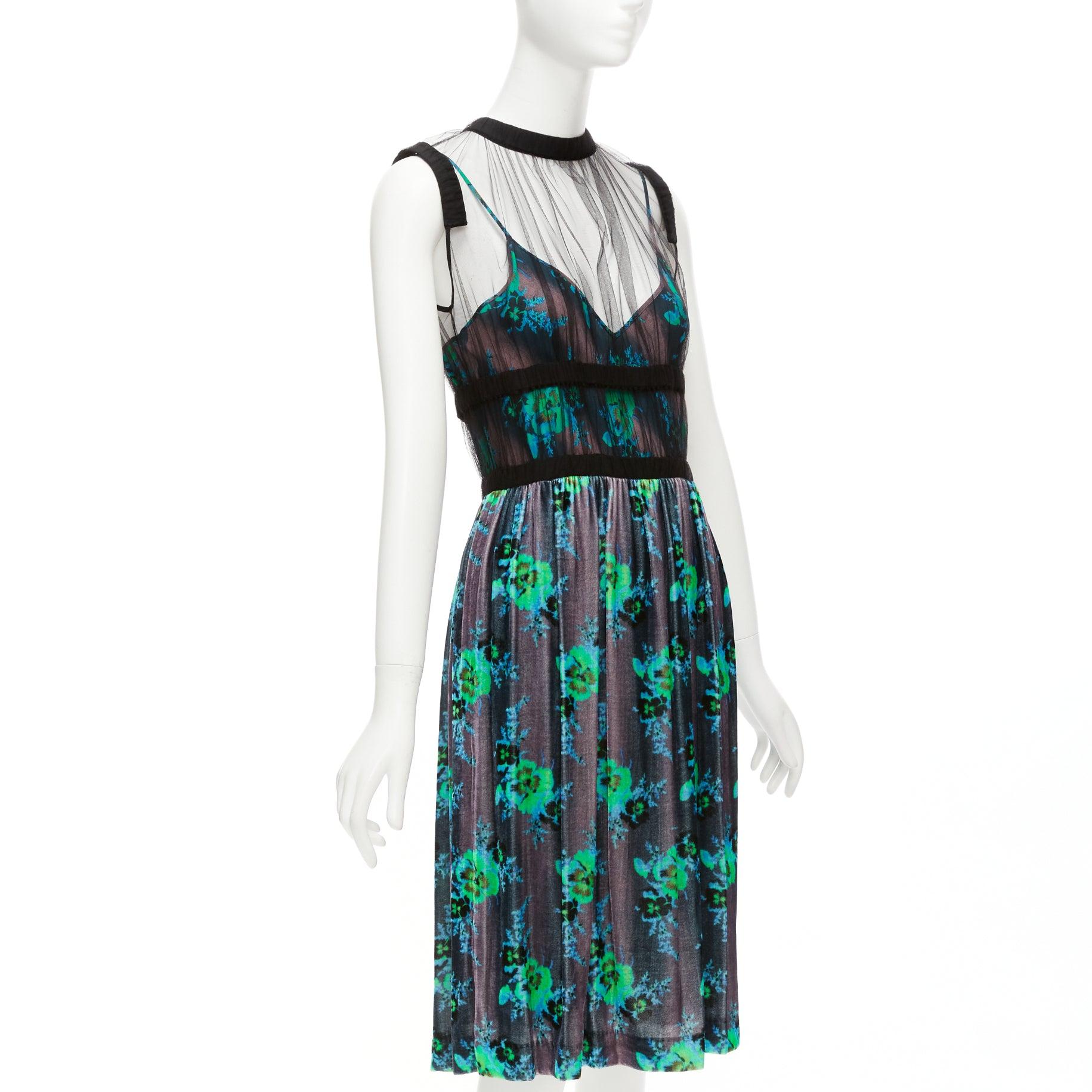 CHRISTOPHER KANE Runway green purple silk blend floral print overlay dress IT40 In Excellent Condition For Sale In Hong Kong, NT