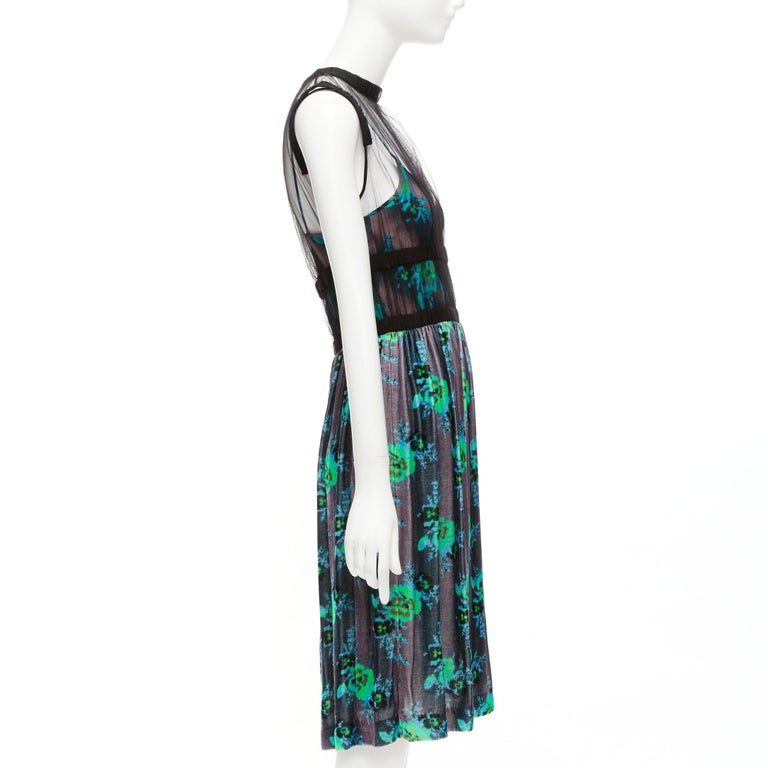 Christopher Kane Runway Green Purple Silk Blend Floral Print Overlay Dress IT40