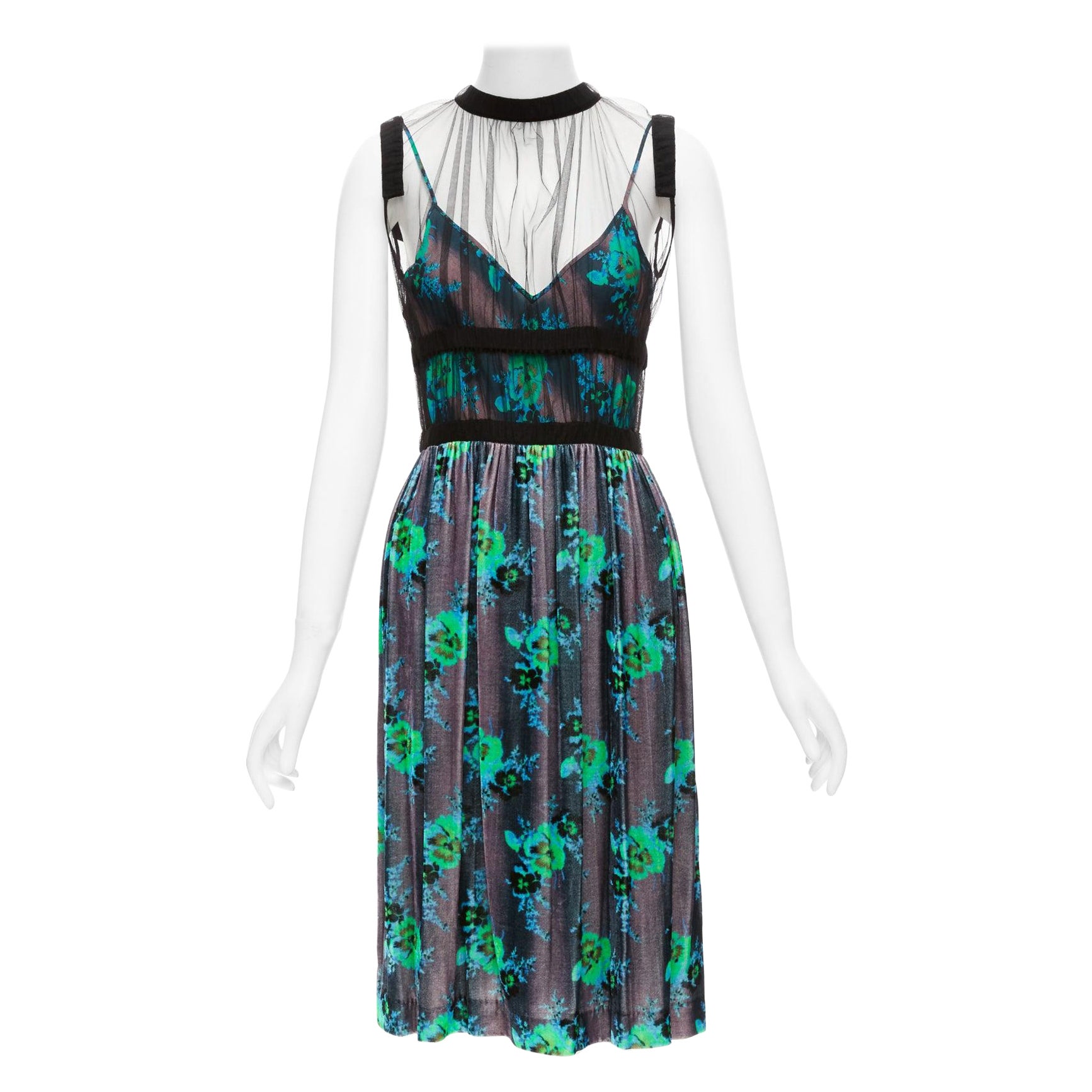 Christopher Kane Abito da passerella verde viola in misto seta con stampa floreale IT40