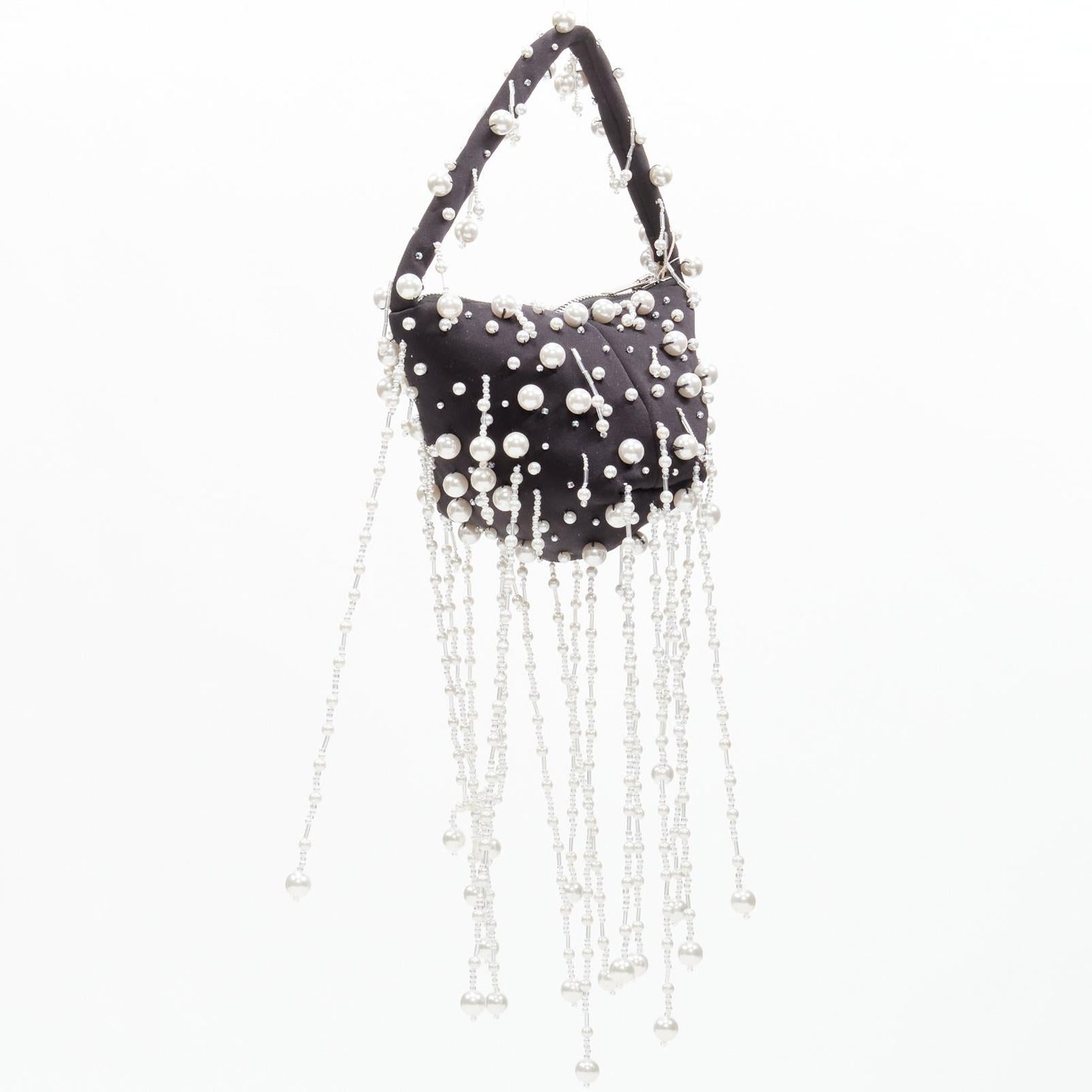 CHRISTOPHER KANE Runway pearl embellished black satin evening bag In New Condition In Hong Kong, NT