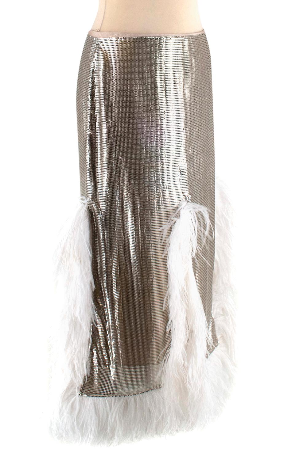 Christopher Kane Gonna in maglia argentata con piume di struzzo bianche - Taglia US 6 In condizioni Nuovo a London, GB