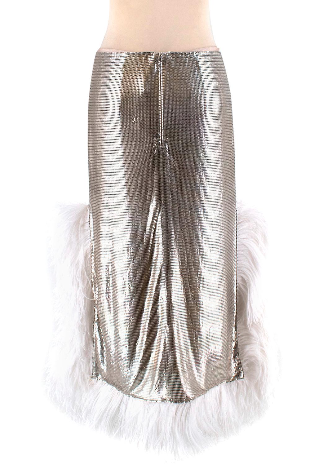 da uomo o donna Christopher Kane Gonna in maglia argentata con piume di struzzo bianche - Taglia US 6