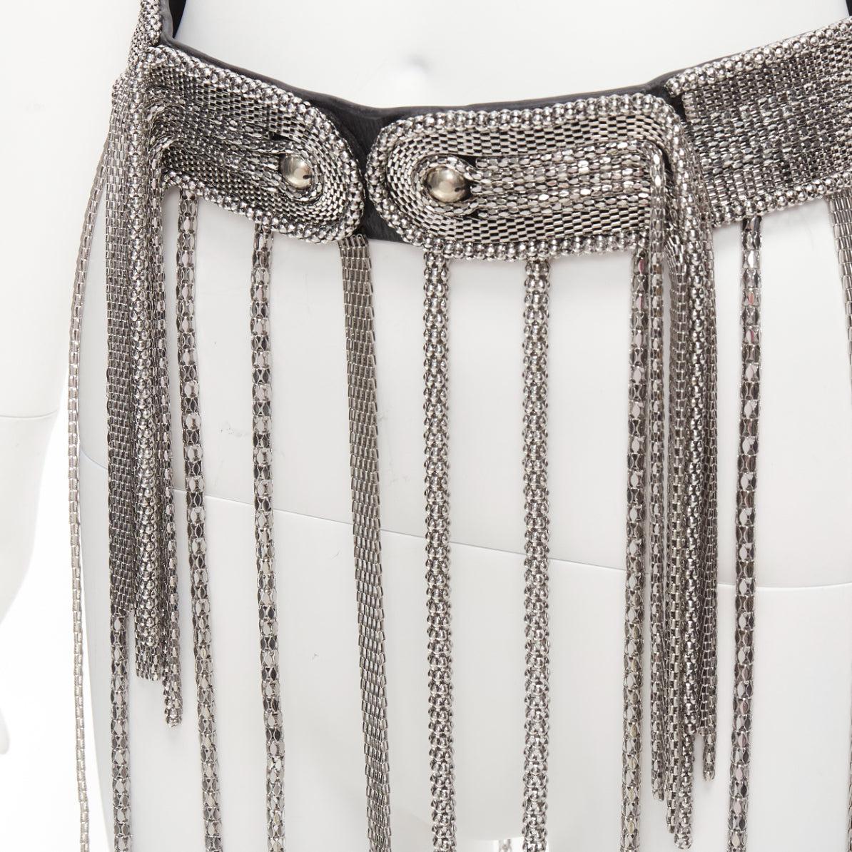 CHRISTOPHER KANE silver multi chain stud front black leather fringe belt S
Reference: AAWC/A01209
Brand: Christopher Kane
Material: Leather, Metal
Color: Black, Silver
Pattern: Solid
Closure: Snap Buttons
Lining: Black Leather
Extra Details: