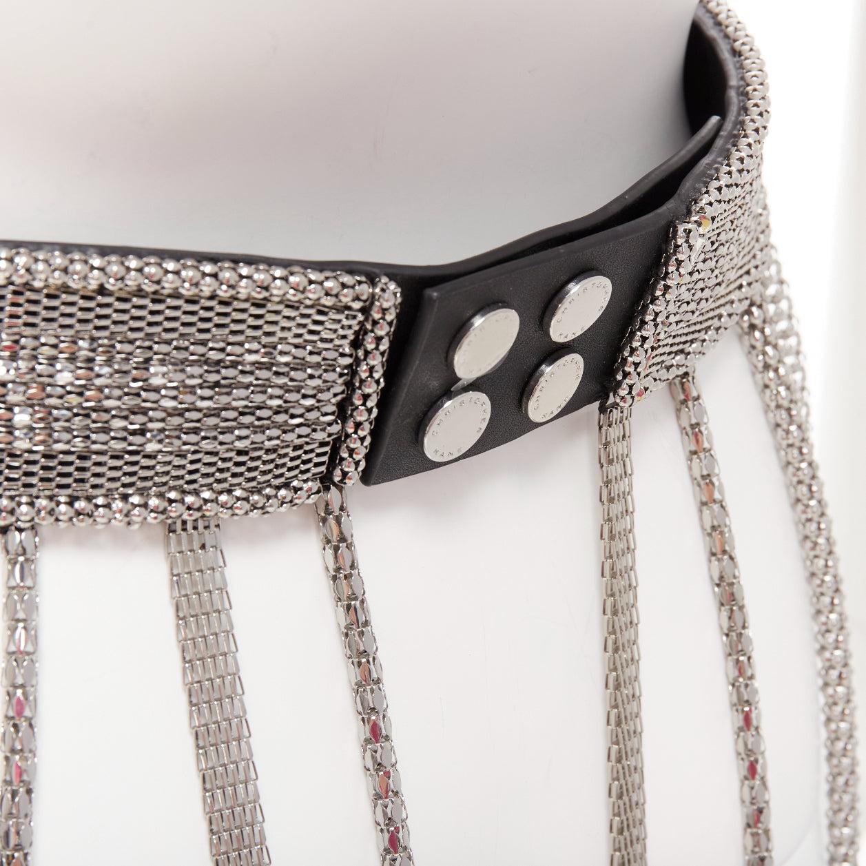 CHRISTOPHER KANE silver multi chain stud front black leather fringe belt S For Sale 3