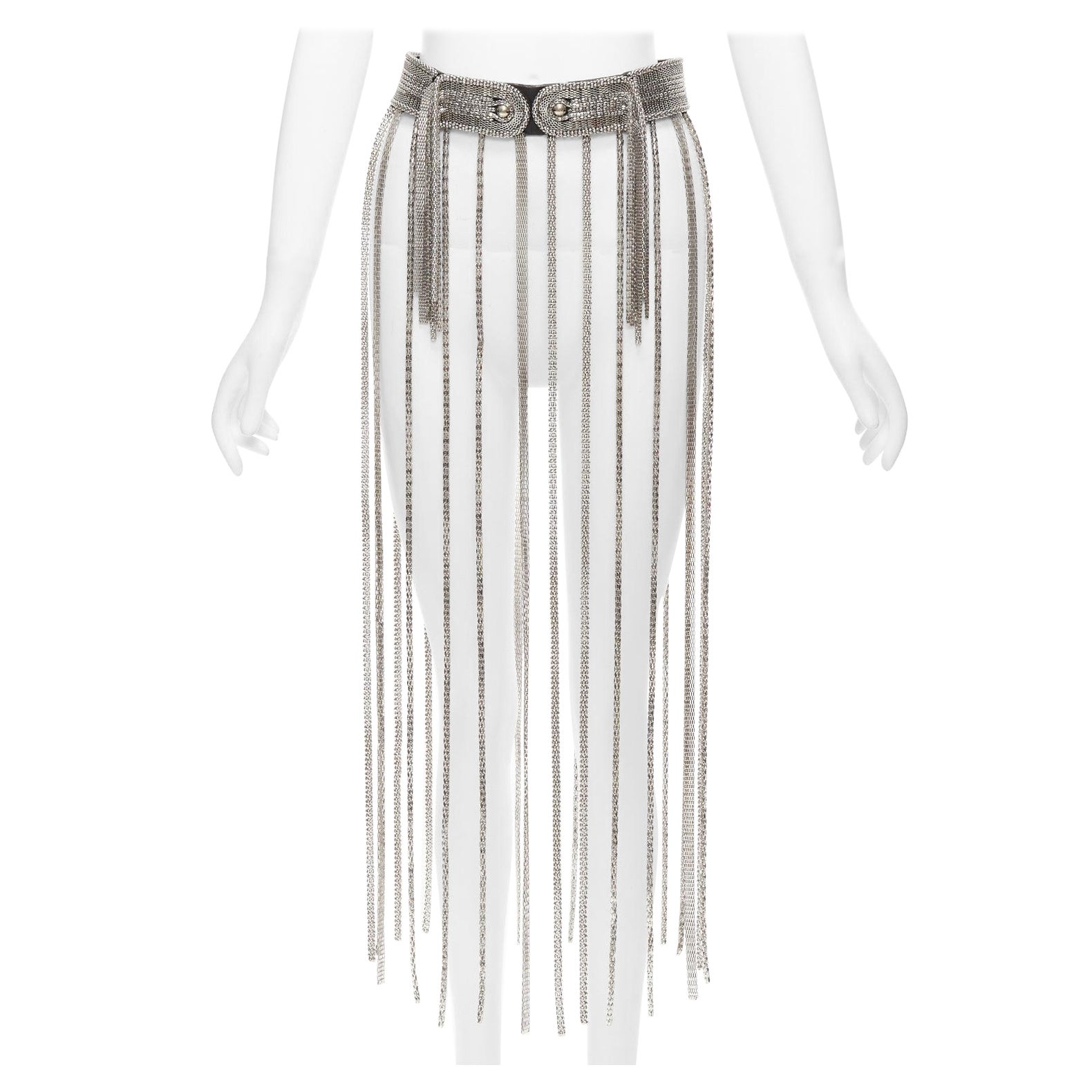 CHRISTOPHER KANE silver multi chain stud front black leather fringe belt S