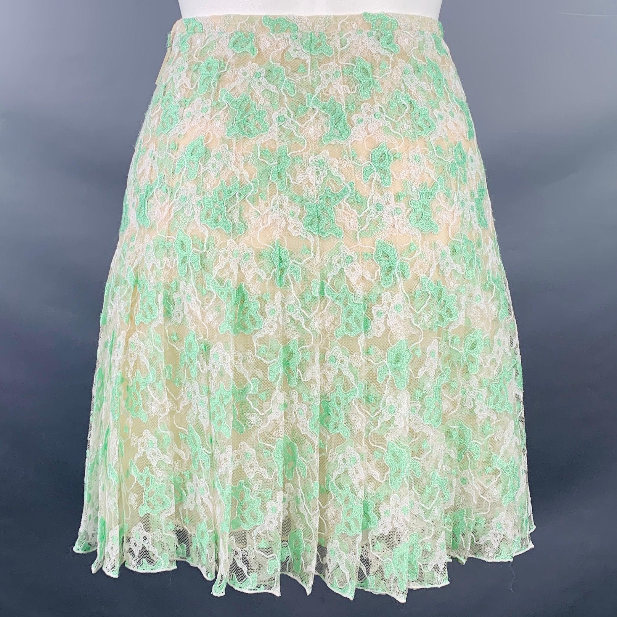 White CHRISTOPHER KANE Size 6 Green Cream Silk Pleated Above Knee Skirt For Sale