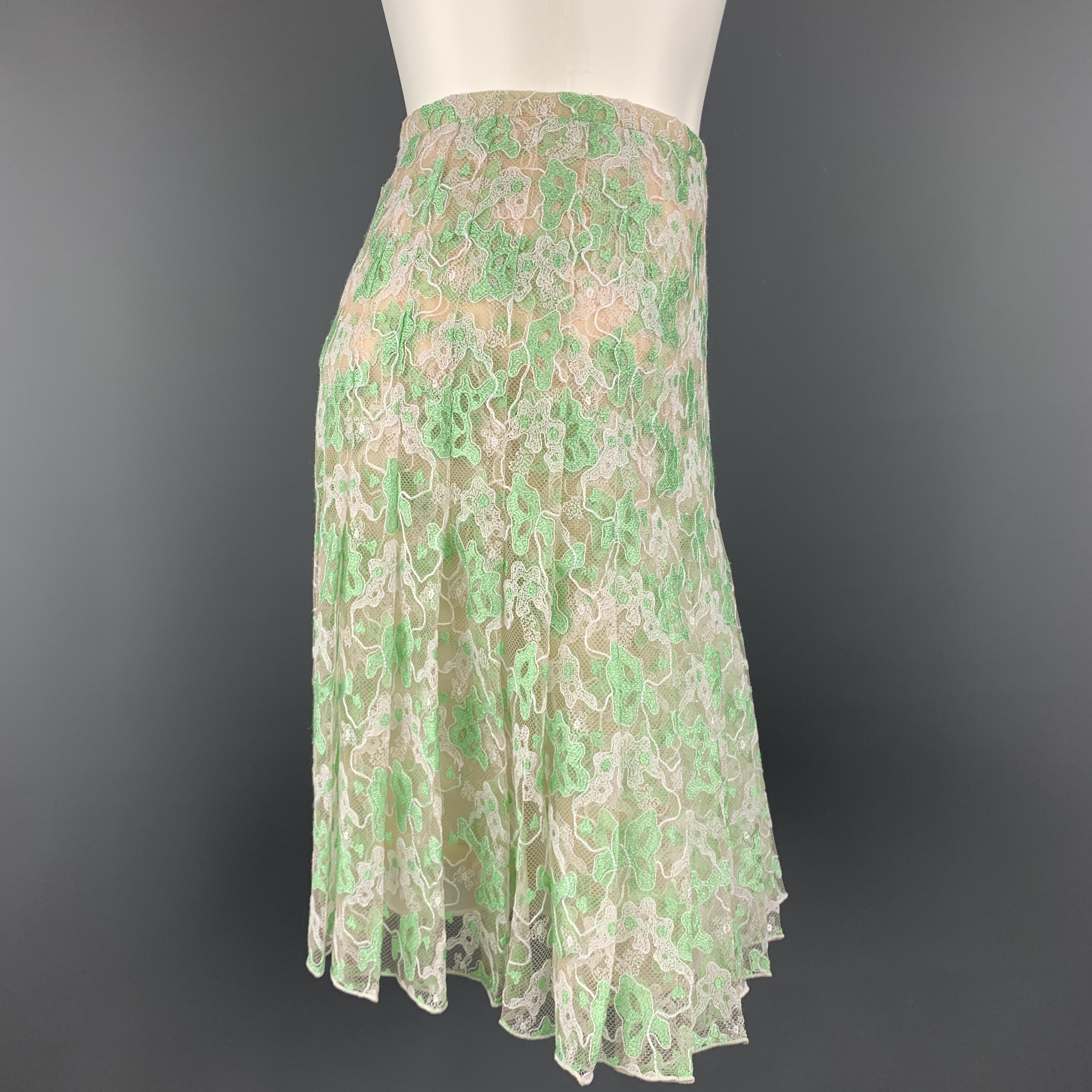 Beige CHRISTOPHER KANE Size 6 White & Green PLeated Silk Skirt