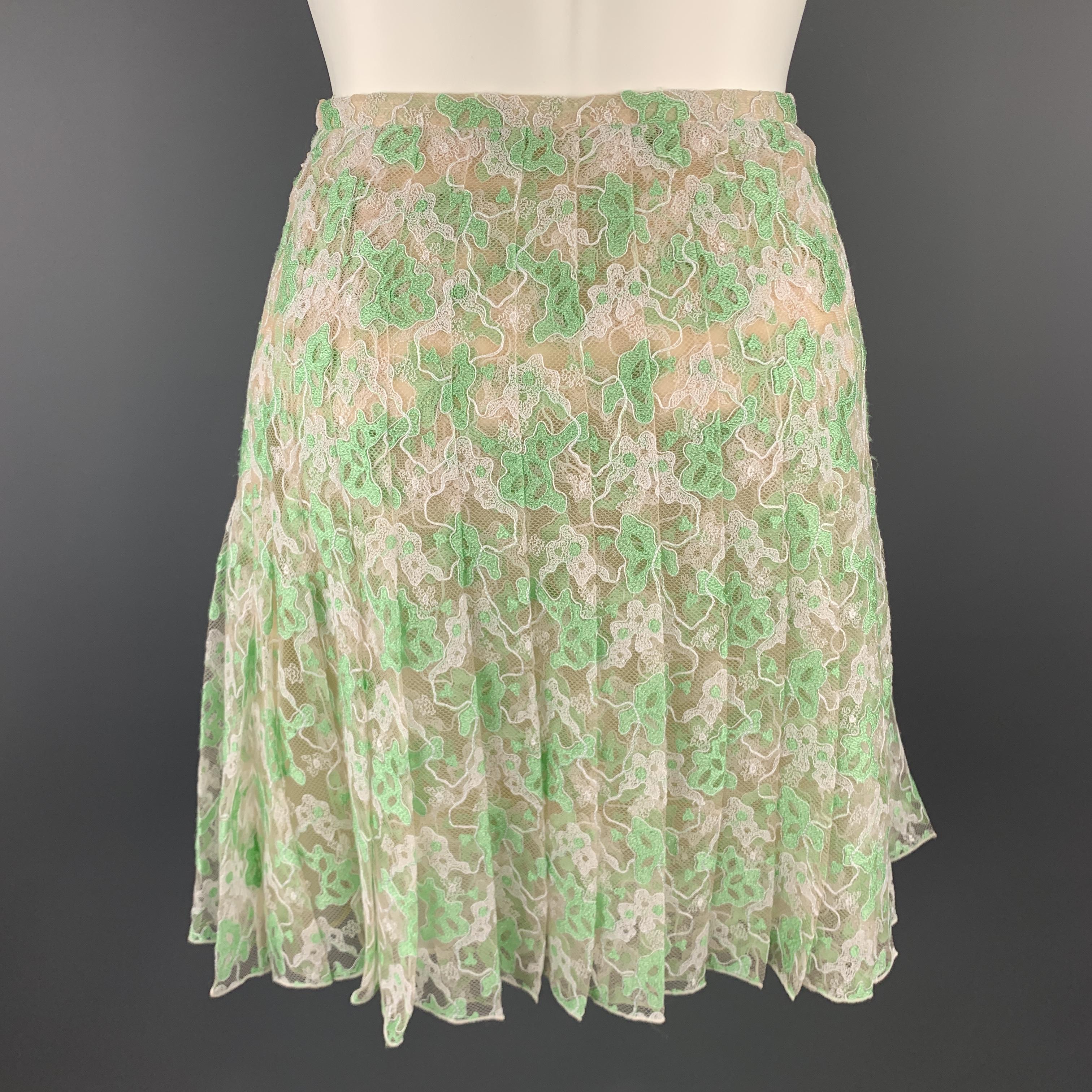 CHRISTOPHER KANE Size 6 White & Green PLeated Silk Skirt In Excellent Condition In San Francisco, CA