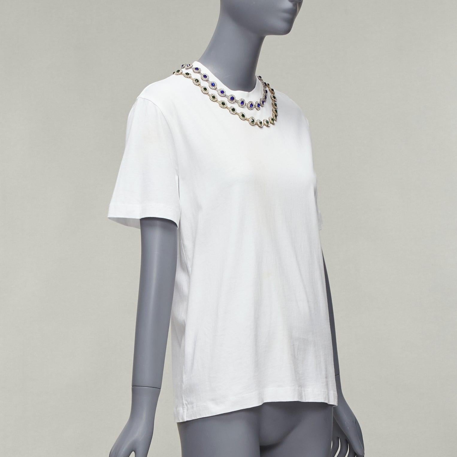 CHRISTOPHER KANE white cotton mixed rhinestone tromp loeil necklace white tshirt In Fair Condition For Sale In Hong Kong, NT