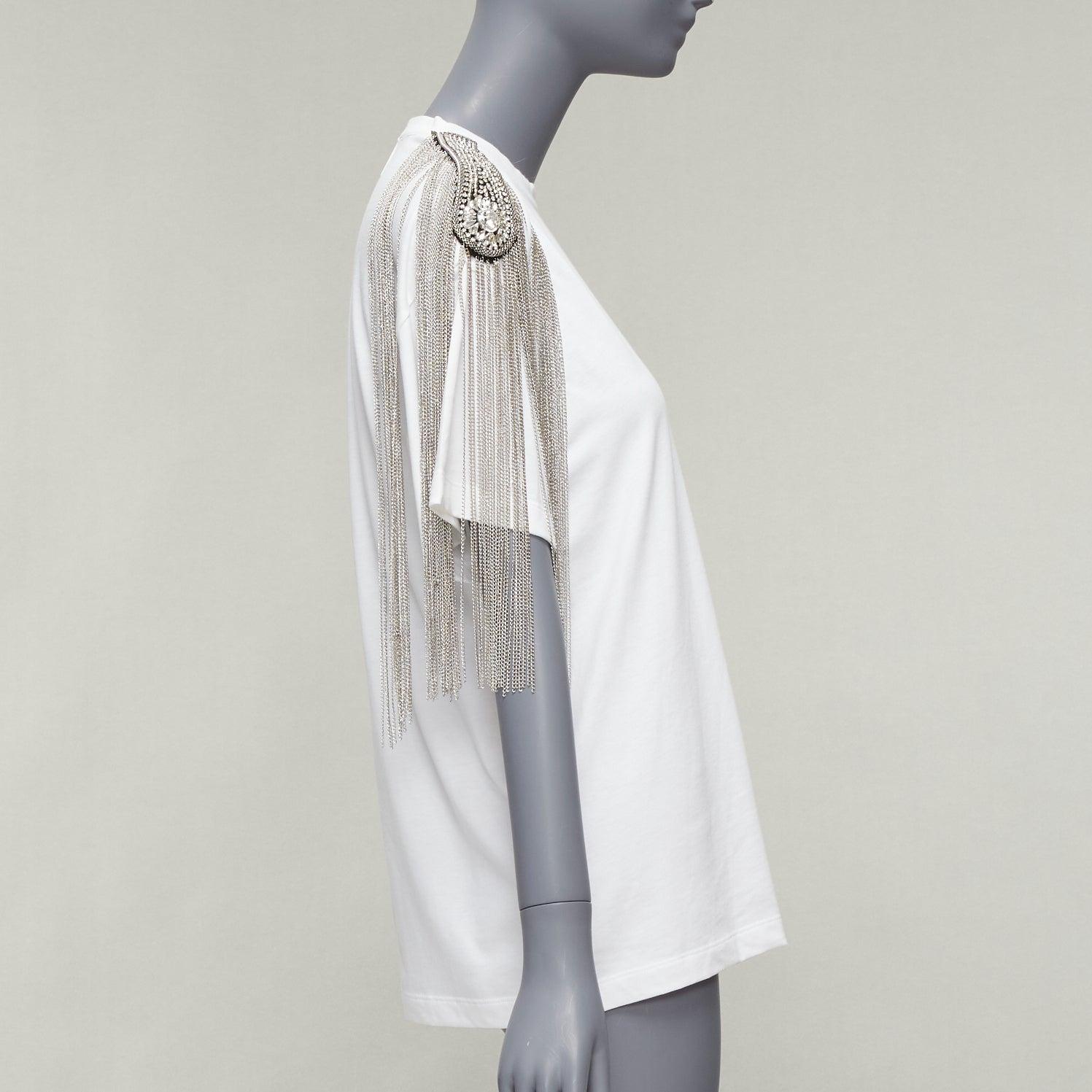 CHRISTOPHER KANE white military silver chain embellished shoulder tshirt XS In Good Condition For Sale In Hong Kong, NT