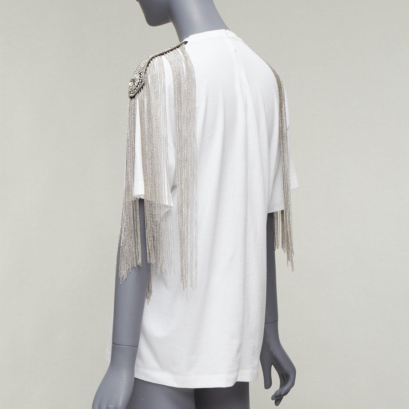 CHRISTOPHER KANE white military silver chain embellished shoulder tshirt XS For Sale 1