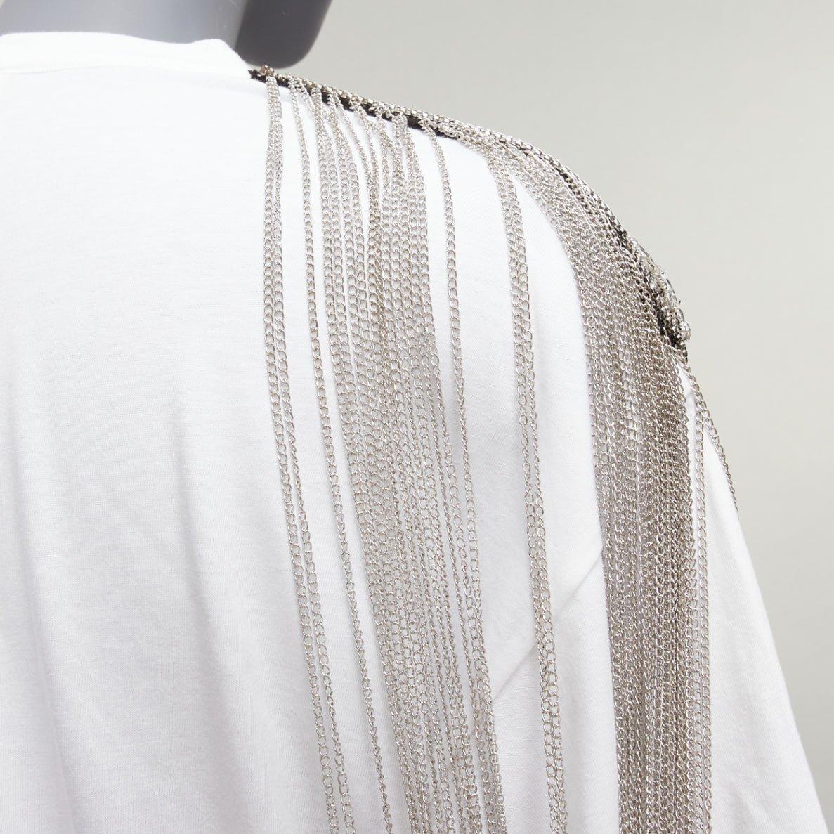 CHRISTOPHER KANE white military silver chain embellished shoulder tshirt XS For Sale 2