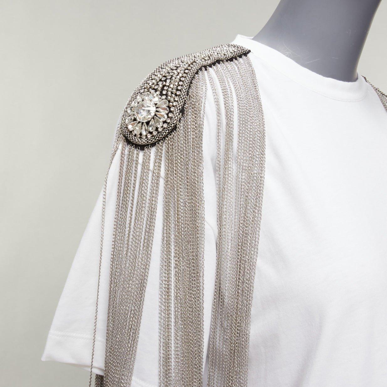 CHRISTOPHER KANE white military silver chain embellished shoulder tshirt XS For Sale 3