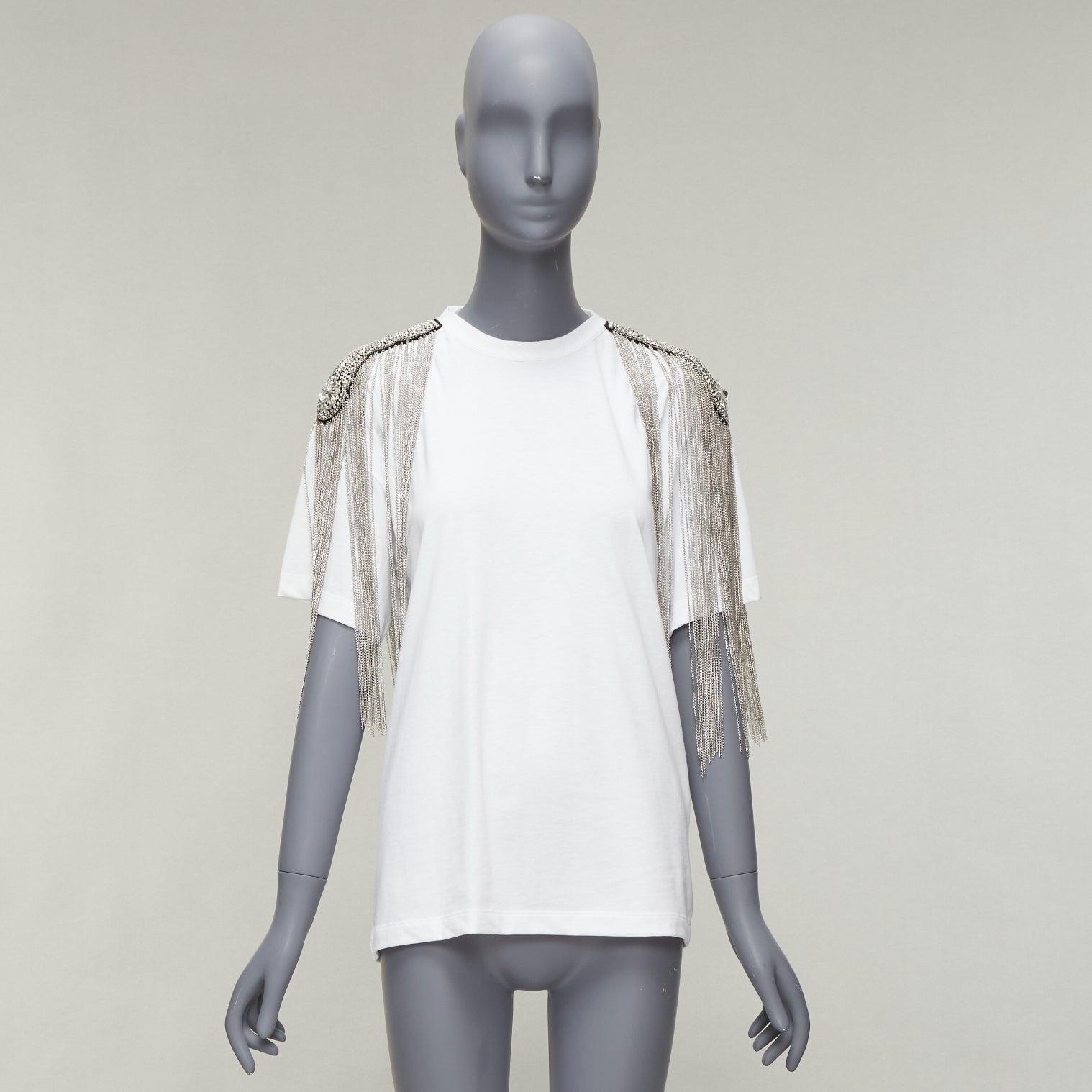 CHRISTOPHER KANE white military silver chain embellished shoulder tshirt XS For Sale 5
