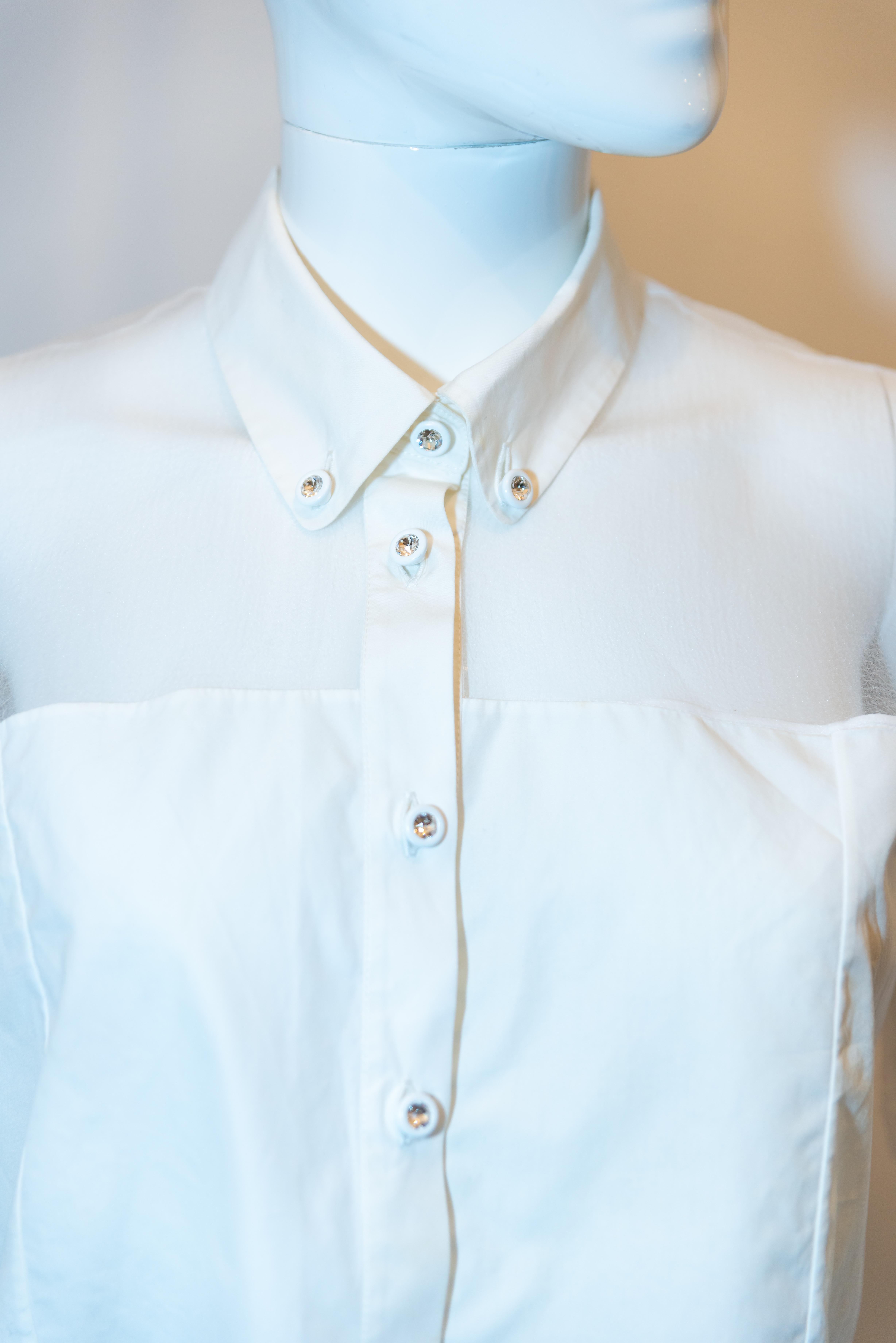 Christopher Kane White Shirt with Sheer Panels and Swarovski Buttons In Good Condition For Sale In London, GB