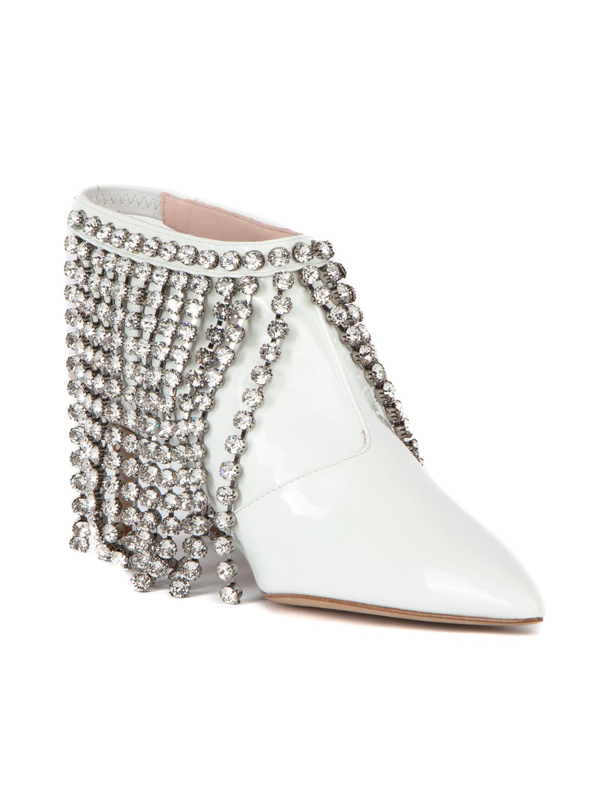 CONDITION is Very good. Minimal wear to shoes is evident. Minimal wear to heel stem on this used Christopher Kane designer resale item.   Details  White Leather - patent Crystal fringe embellishments Ankle boots Kitten heel Pointed toe Open heel-