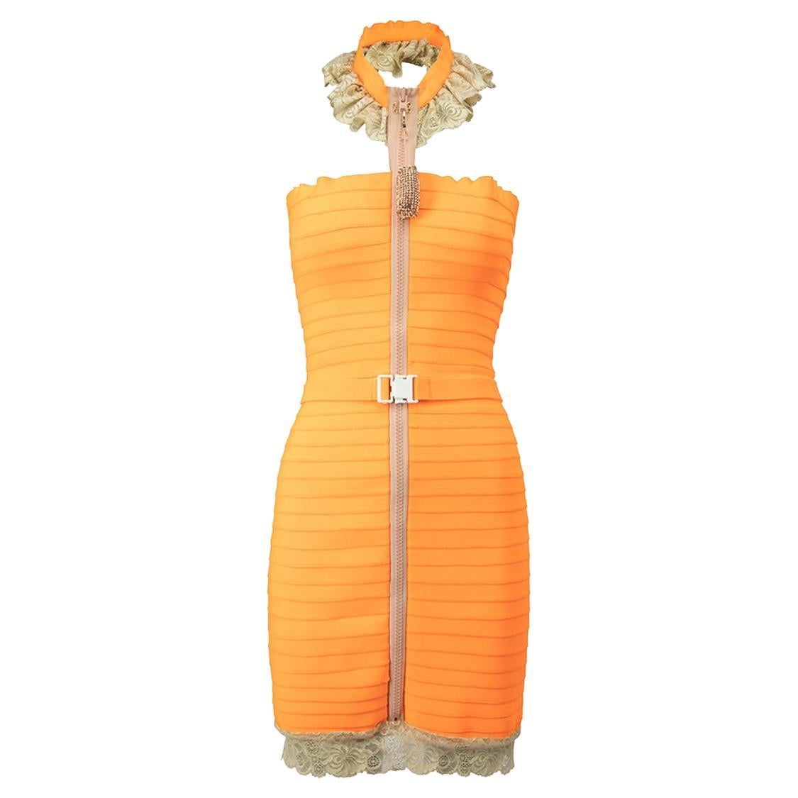 Christopher Kane Women's Orange Spring 2007 Lace Accent Bandage Dress For Sale