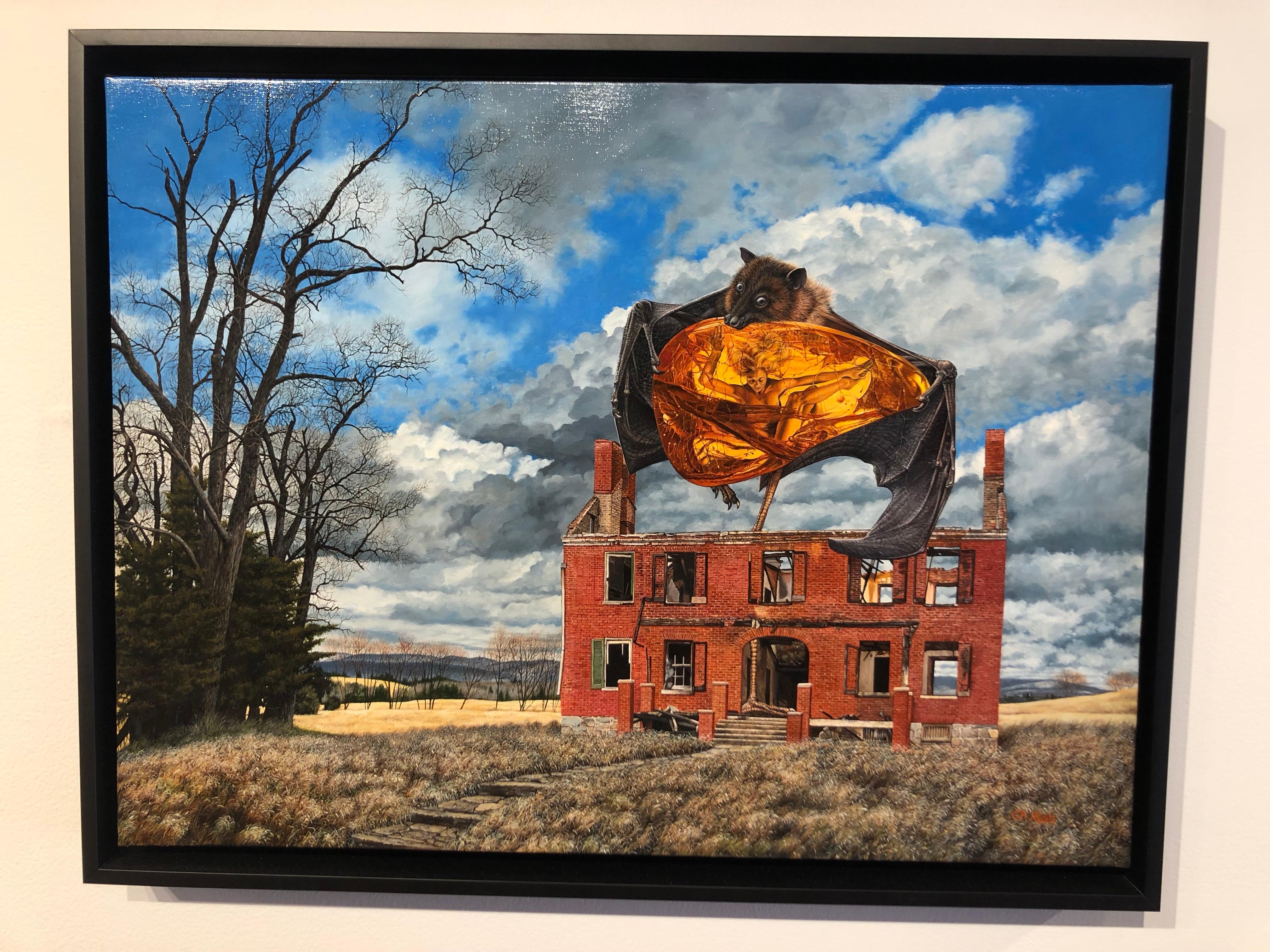 Amber Waves - Bat Holding Amber Encased Human Floats Above Dystopian Farmland - Painting by Christopher Klein