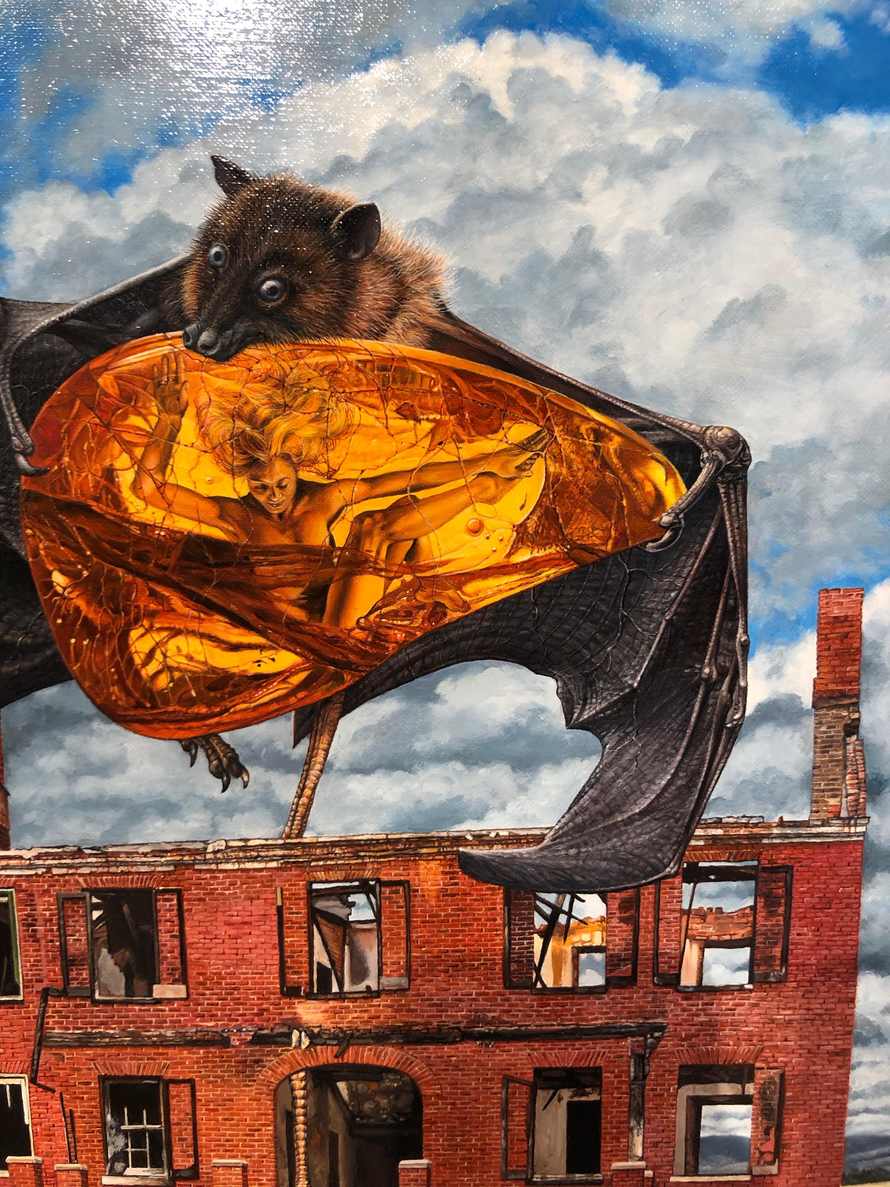 Amber Waves - Bat Holding Amber Encased Human Floats Above Dystopian Farmland - Gray Animal Painting by Christopher Klein