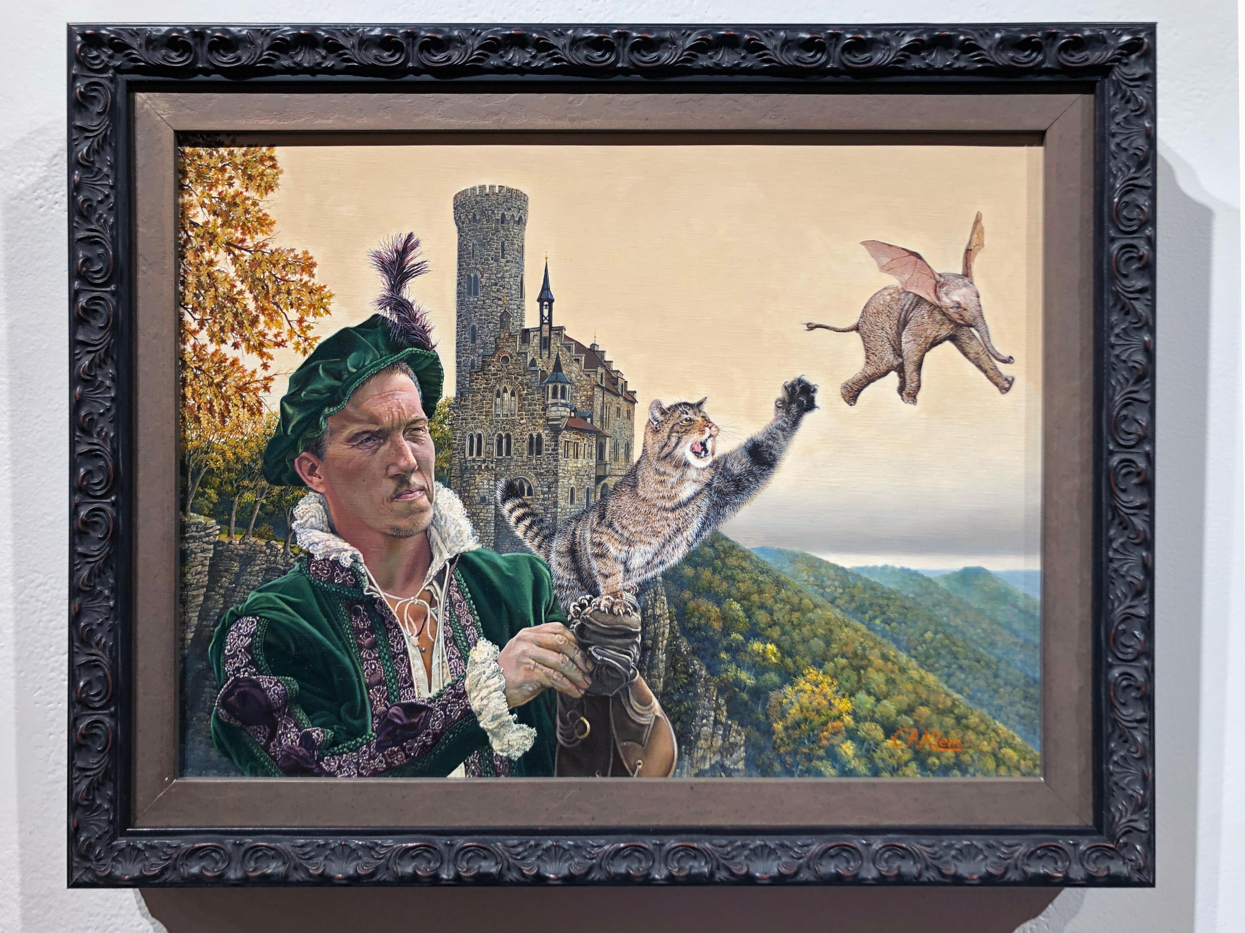 Cat as Catch Can - Surreales Gemälde, Katze, mittelalterliche Falconry, Bat-Eared Elephant – Painting von Christopher Klein